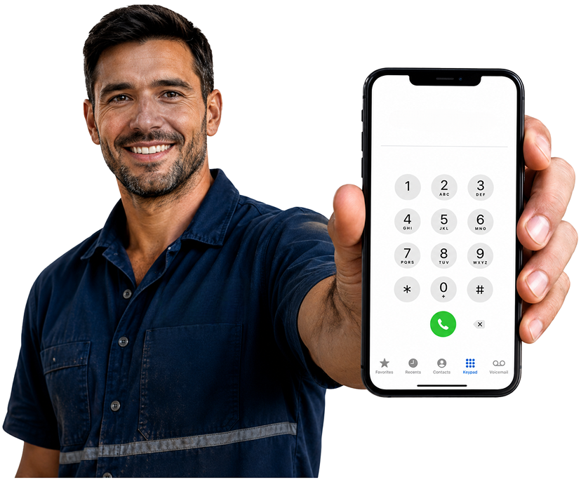 Clovelly Blocked Drains plumber holding a phone — call 1300 261 965