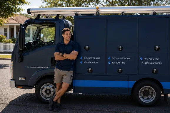 Our plumber with the service van on a Clovelly job
