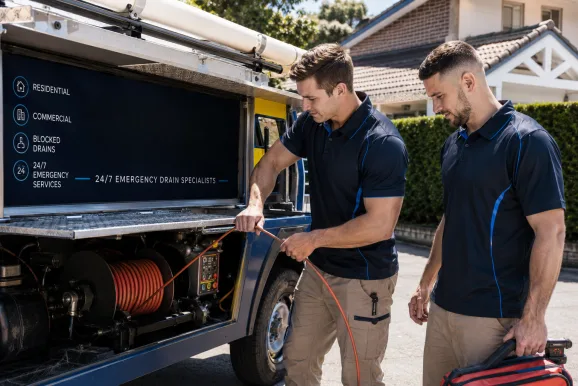 Two plumbers working on a blocked drain in Clovelly