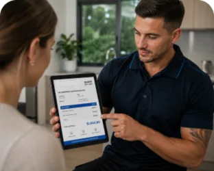 Plumber showing a Clovelly customer the quote on a tablet