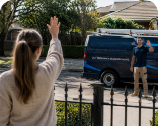 Customer waving goodbye to a Clovelly Blocked Drains plumber